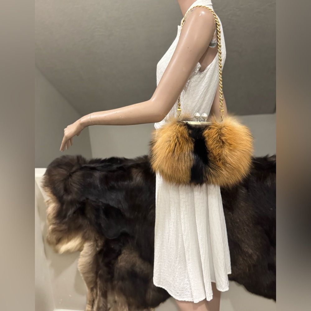 Handmade Real Fox Fur Kiss-lock Frame Clutch Bag, Shoulder Bag/ Crossbody - Picture 3 of 14